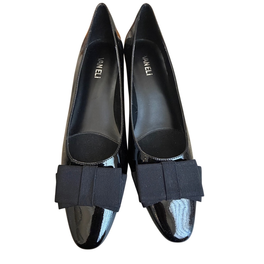 Vaneli Black Patent Leather Bow Pumps Size 11N Narrow Kitten Heel Classic